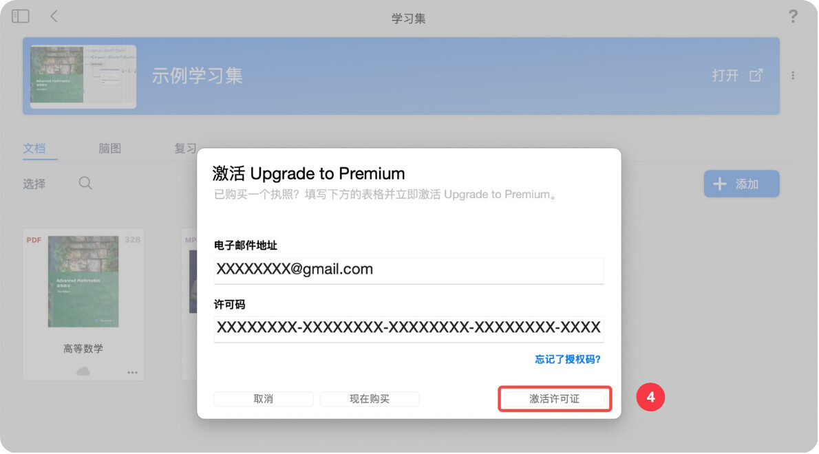 输入邮箱地址和高级版 Premium 激活码